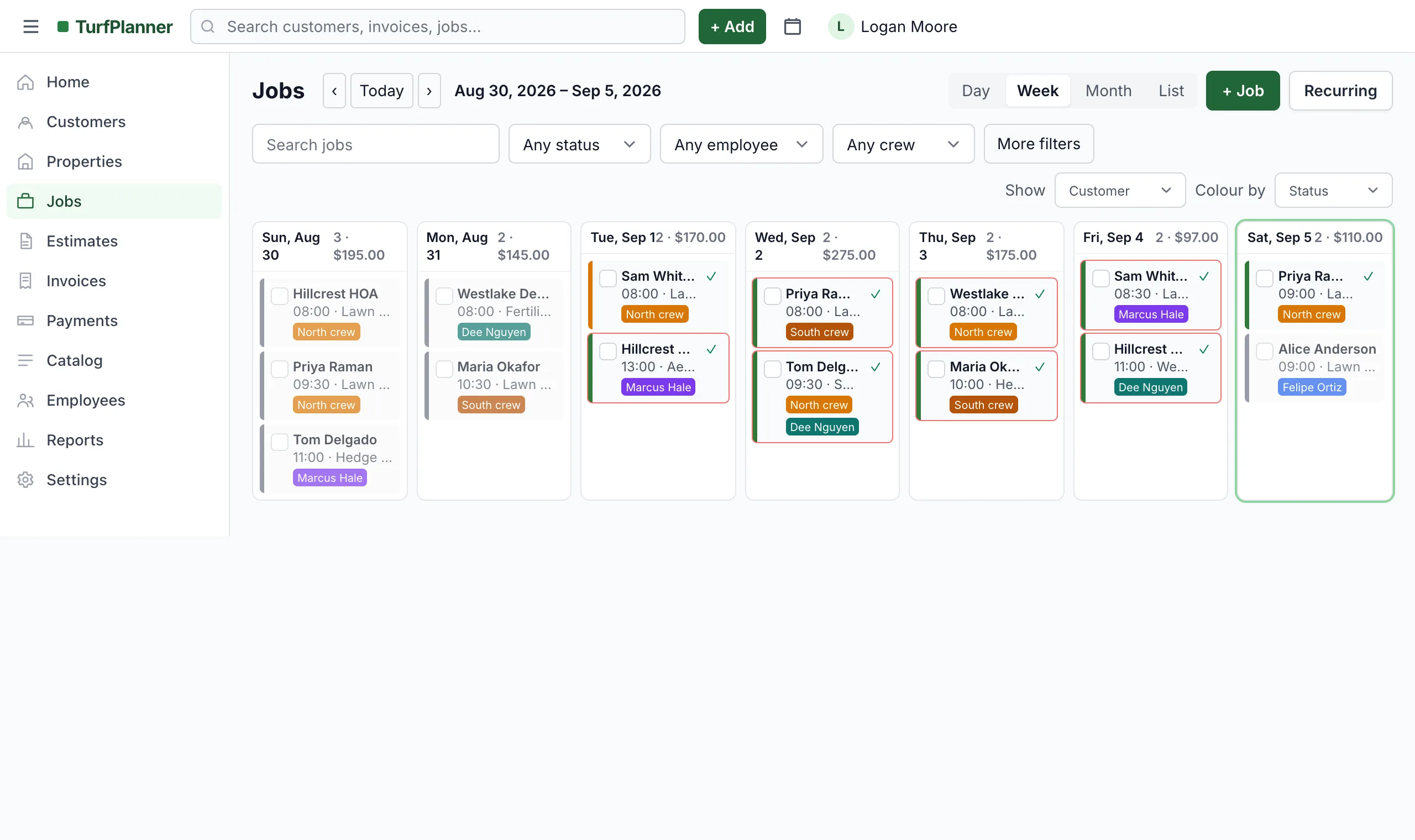 The TurfPlanner week view: jobs for seven days with the customer, service, start time and assigned crew on each